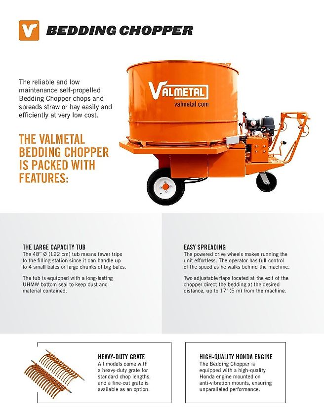 VALMETAL Canada NEW BEDDING CHOPPER 48’’ Ø 122 cm tub , Flotrac, self propeled, Honda 13 Hp motor , new model 2024