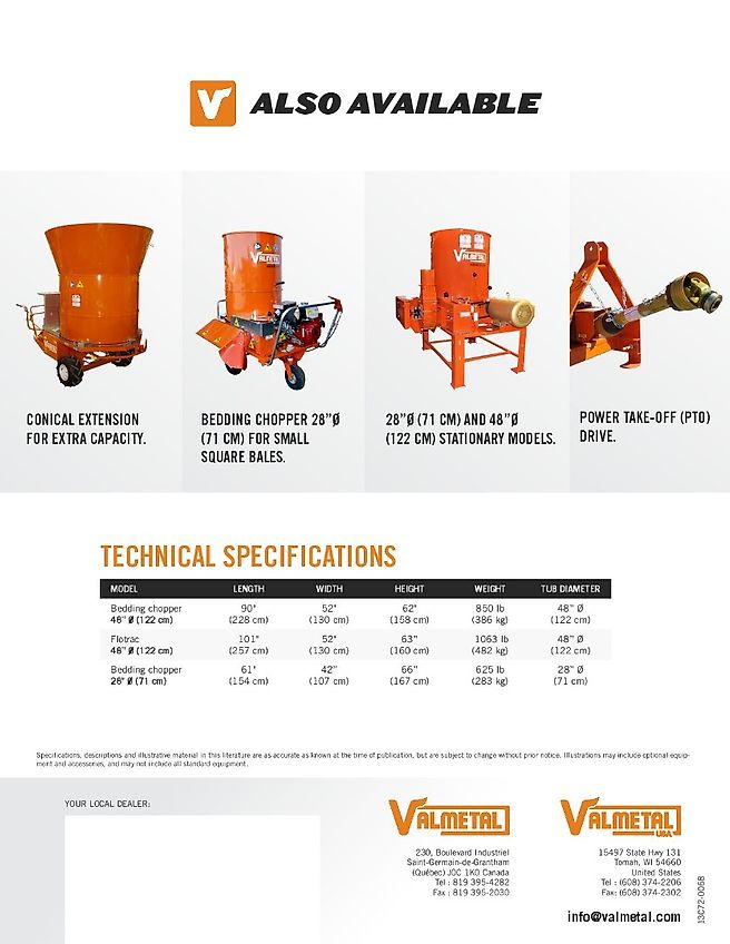 VALMETAL Canada NEW BEDDING CHOPPER 48’’ Ø 122 cm tub , Flotrac, self propeled, Honda 13 Hp motor , new model 2024