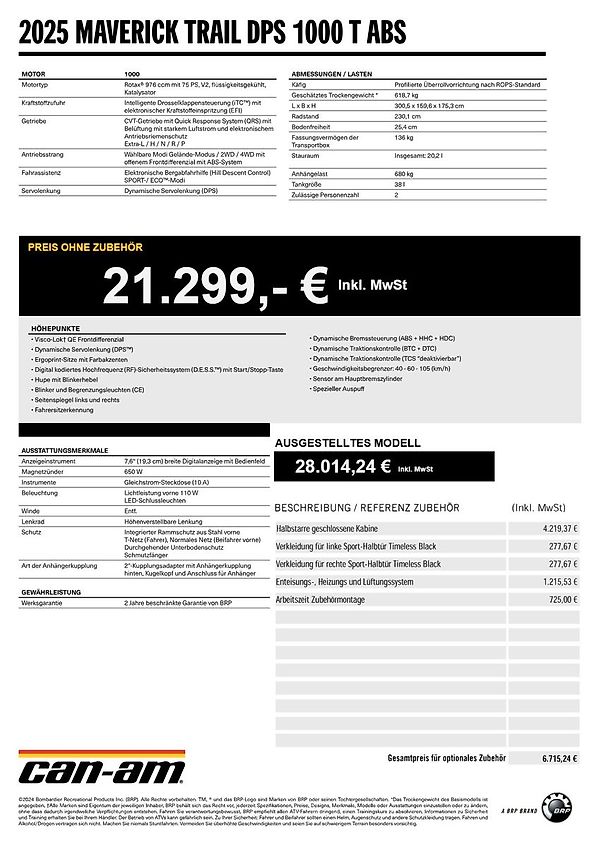 Can-Am Maverick Trail DPS 1000 T3B ABS Kabine, Heizung